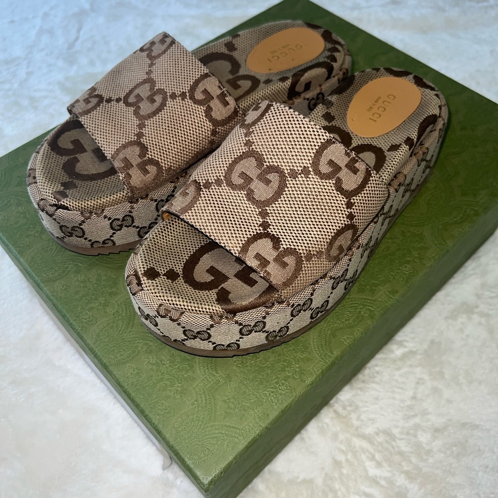 GUCCI MONOGRAM PLATFORM MULES